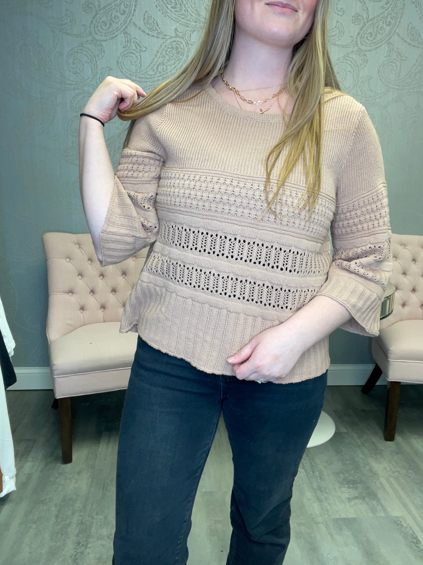Round Neck 3/4 Sleeve Crochet Knitted Sweater Top