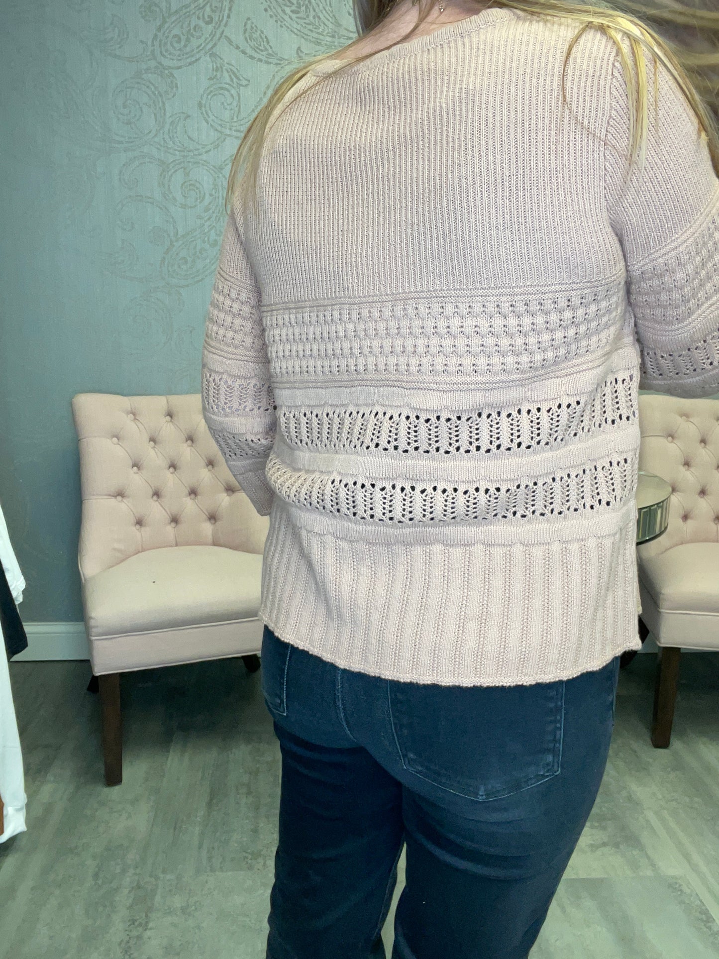 Round Neck 3/4 Sleeve Crochet Knitted Sweater Top