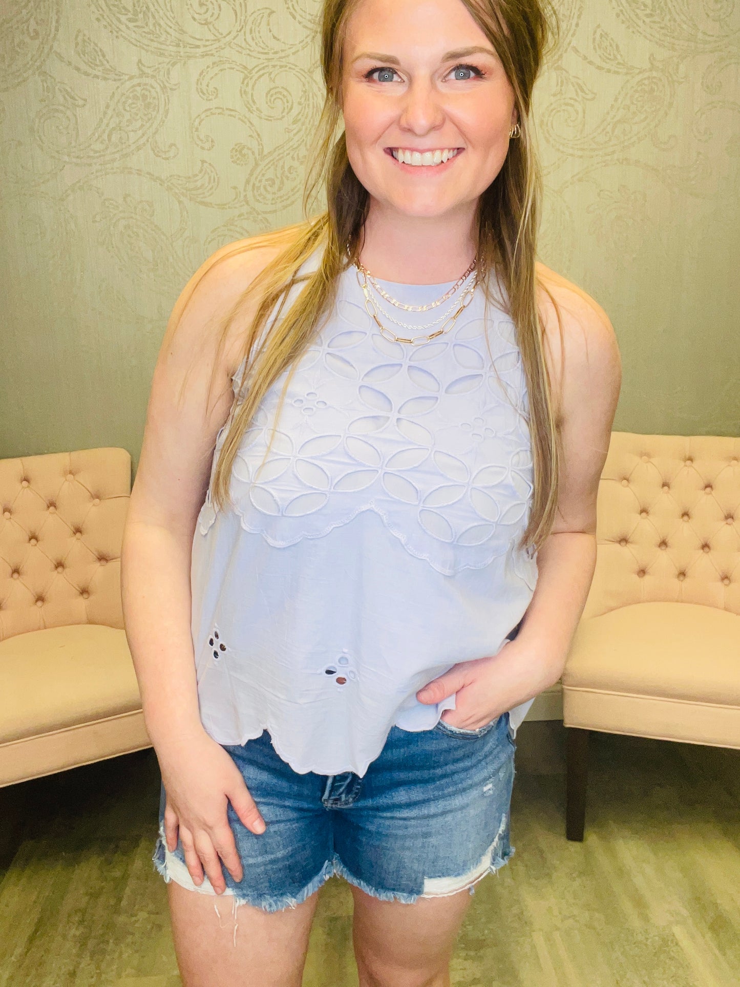 Halter Neck Lace Top: Milky Blue
