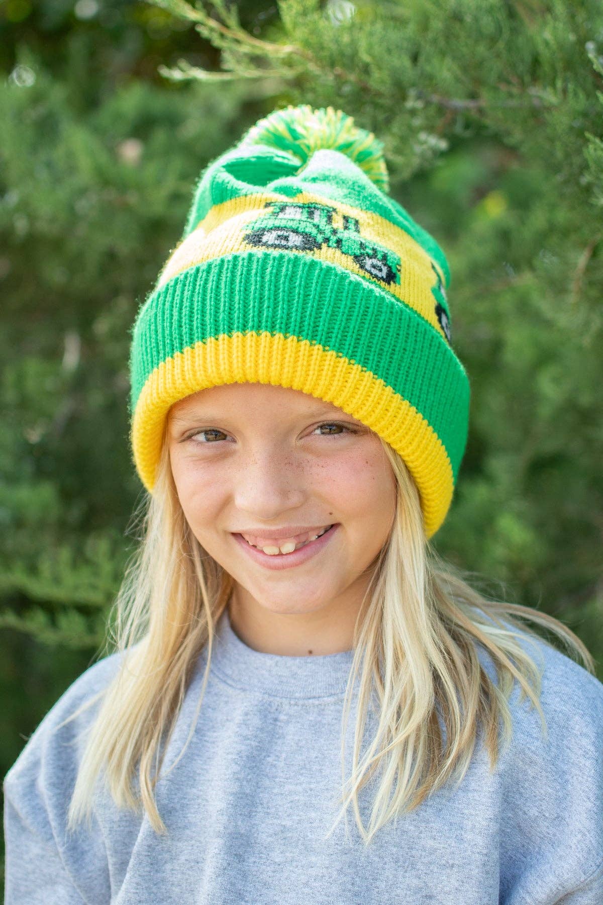 Green Tractor Knit Pom Beanie - Youth