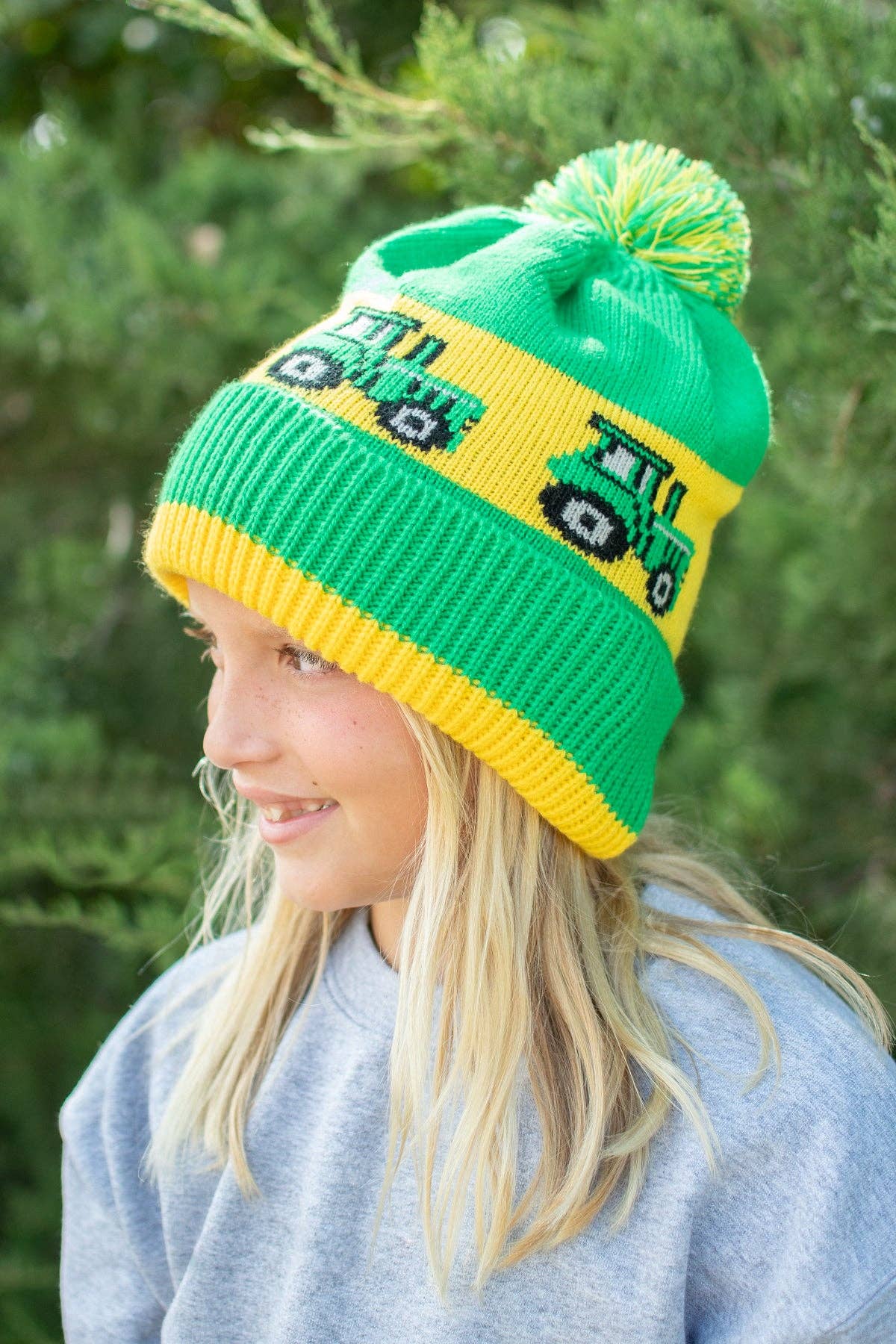 Green Tractor Knit Pom Beanie - Youth