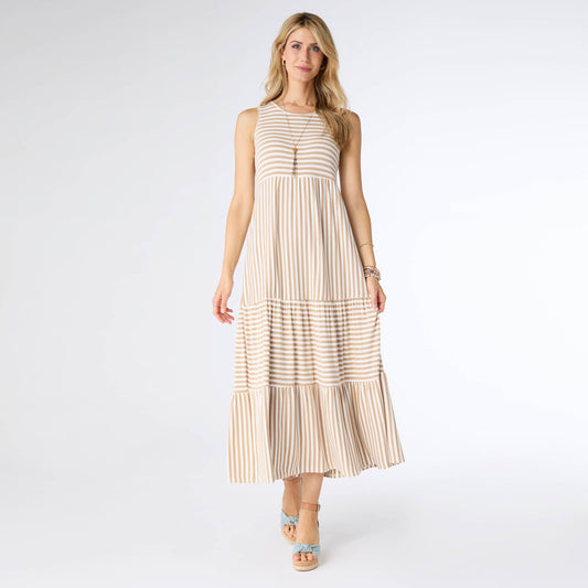Janie Striped Tiered Maxi Dress: Taupe/Ivory