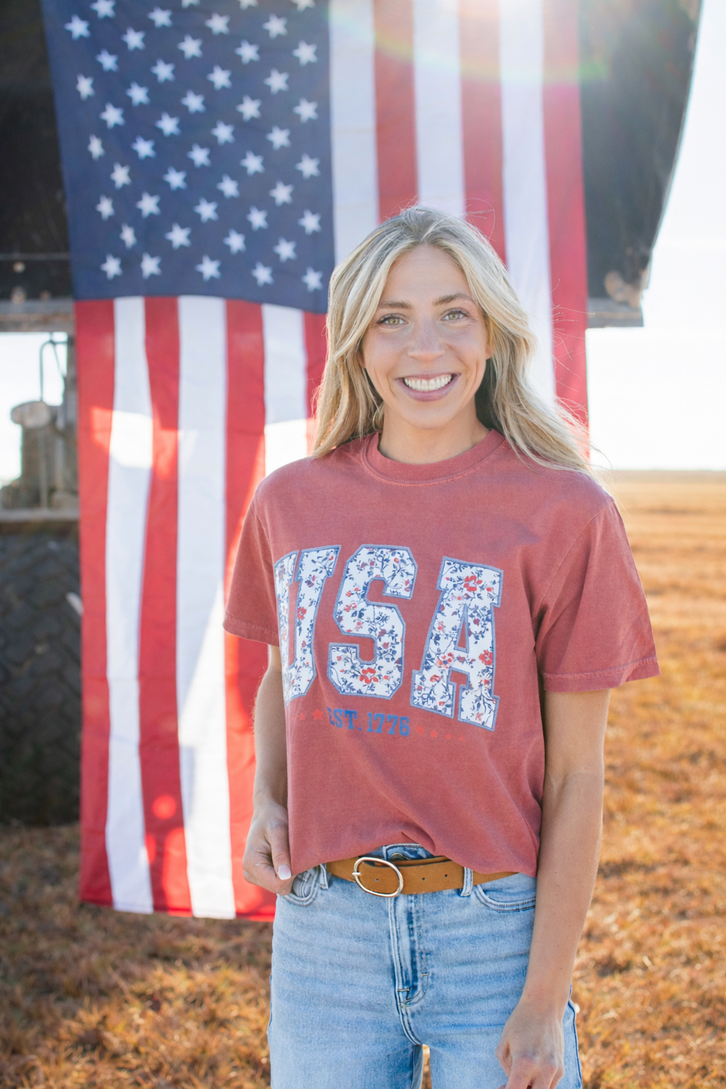 Patriotic Floral 'USA' Washed Red