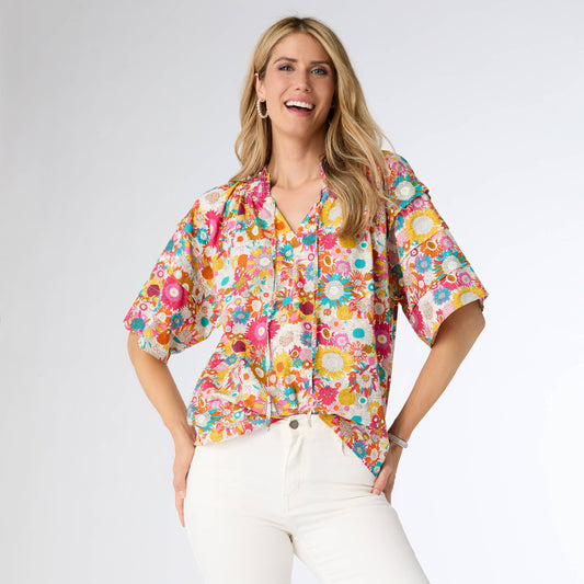 Meadow Printed Top with Draw String: Bright Floral