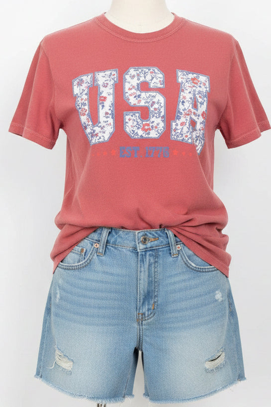 Patriotic Floral 'USA' Washed Red