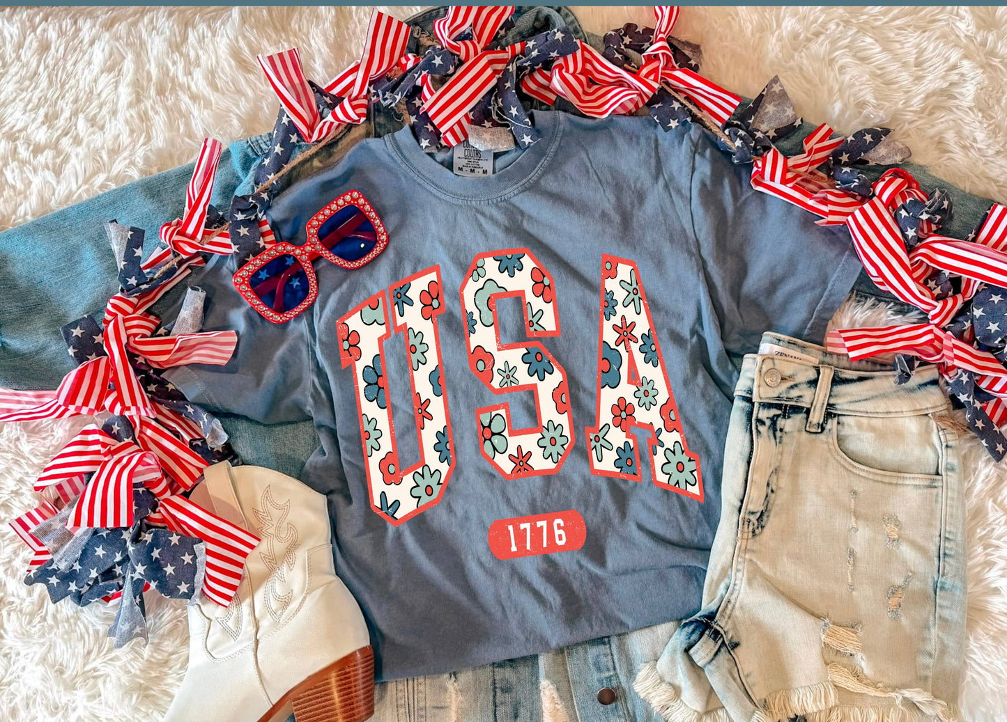 USA FLORAL TEE (ICE BLUE)