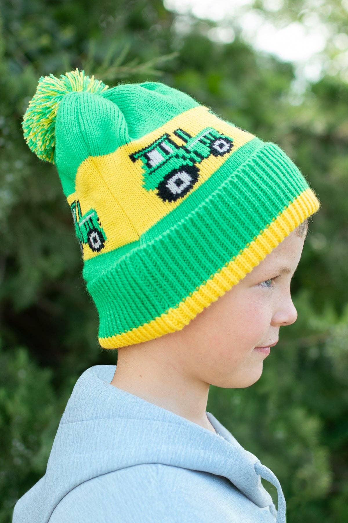 Green Tractor Knit Pom Beanie - Youth