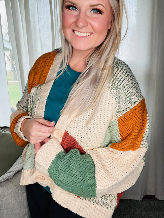 COLOR BLOCK CROCHET CARDIGAN