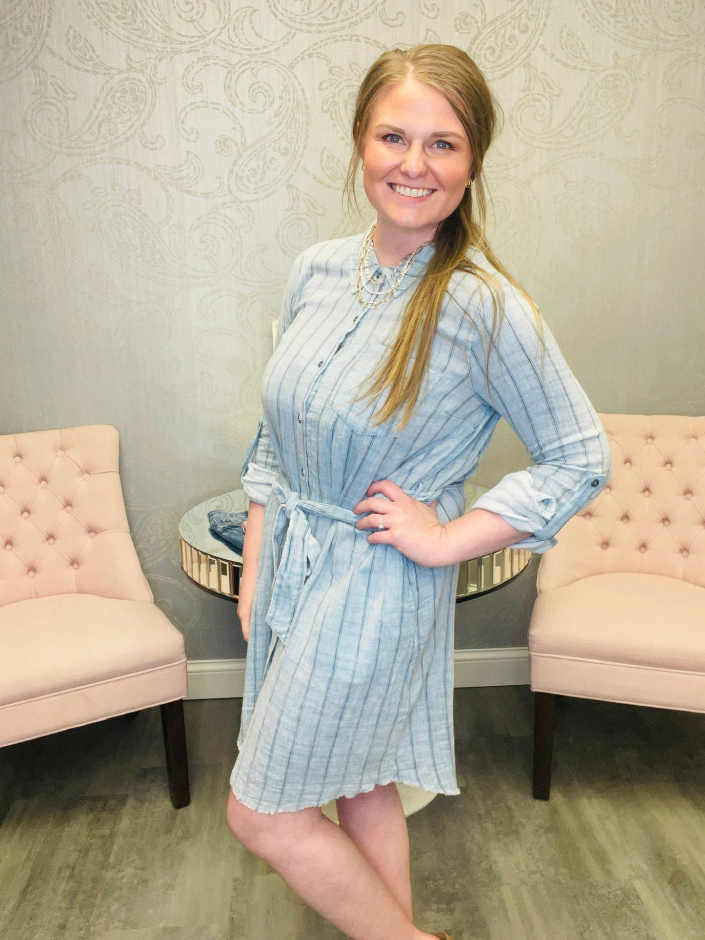 Washed Stripe Shirt Dress: Washed Blue Stripe