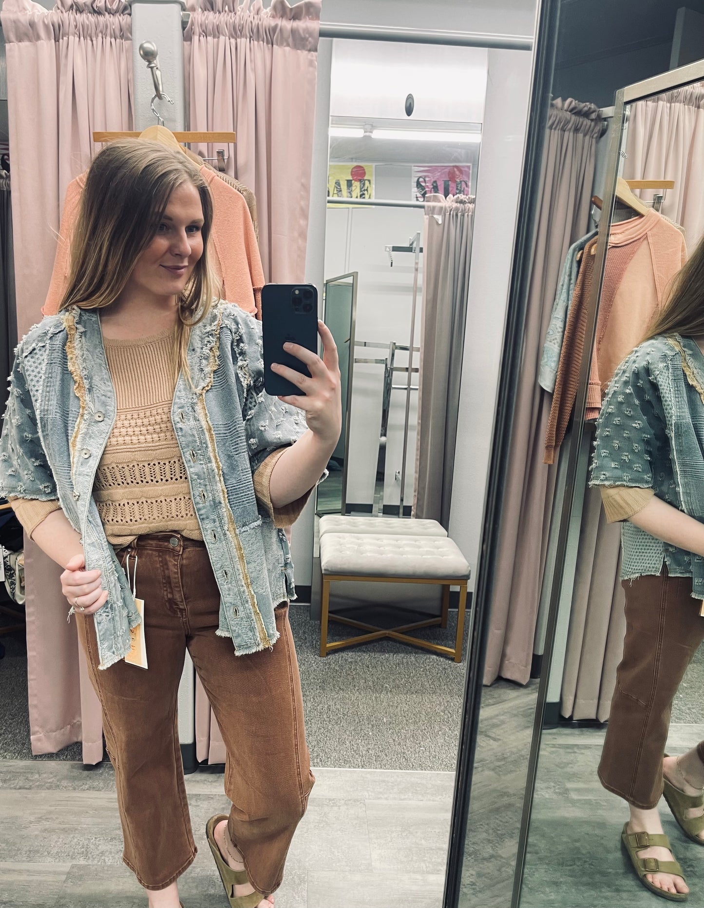 V-neck short sleeve cotton twill jacket: DENIM MULTI