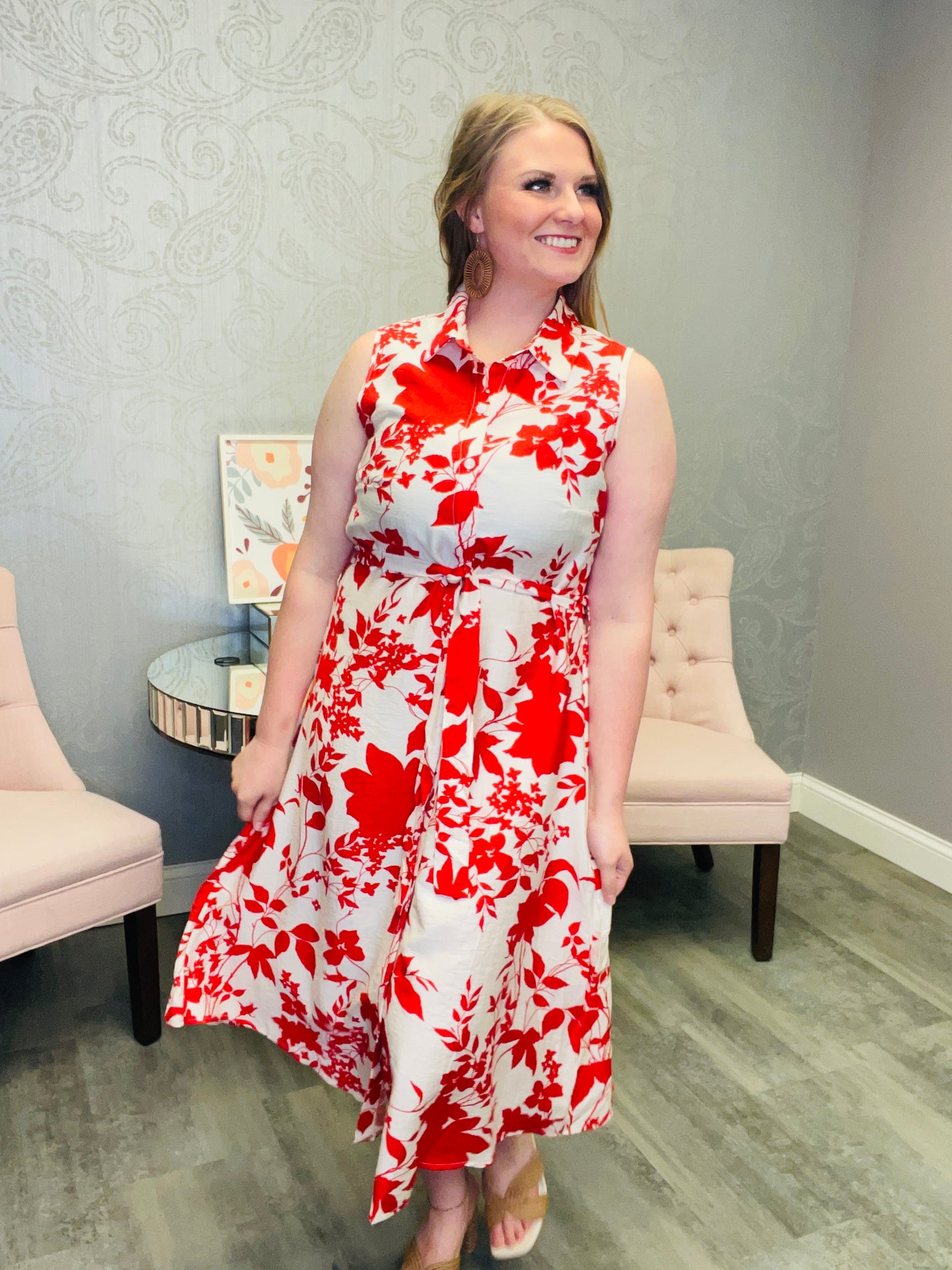 Francesca Floral Print Dress - RED/CREAM