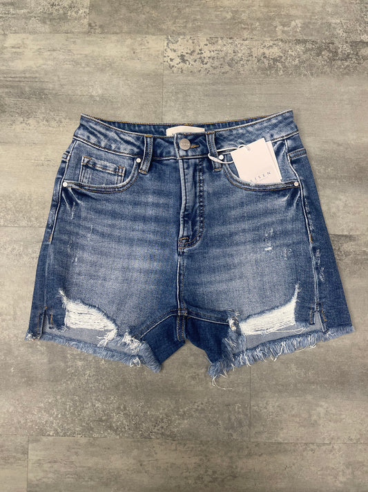 RISEN: HIGN RISE DARK DENIM SHORT