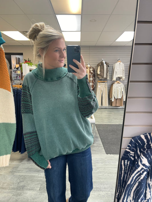 WASHED THERMAL MOCK NECK LONG SLEEVE TOP: GREEN