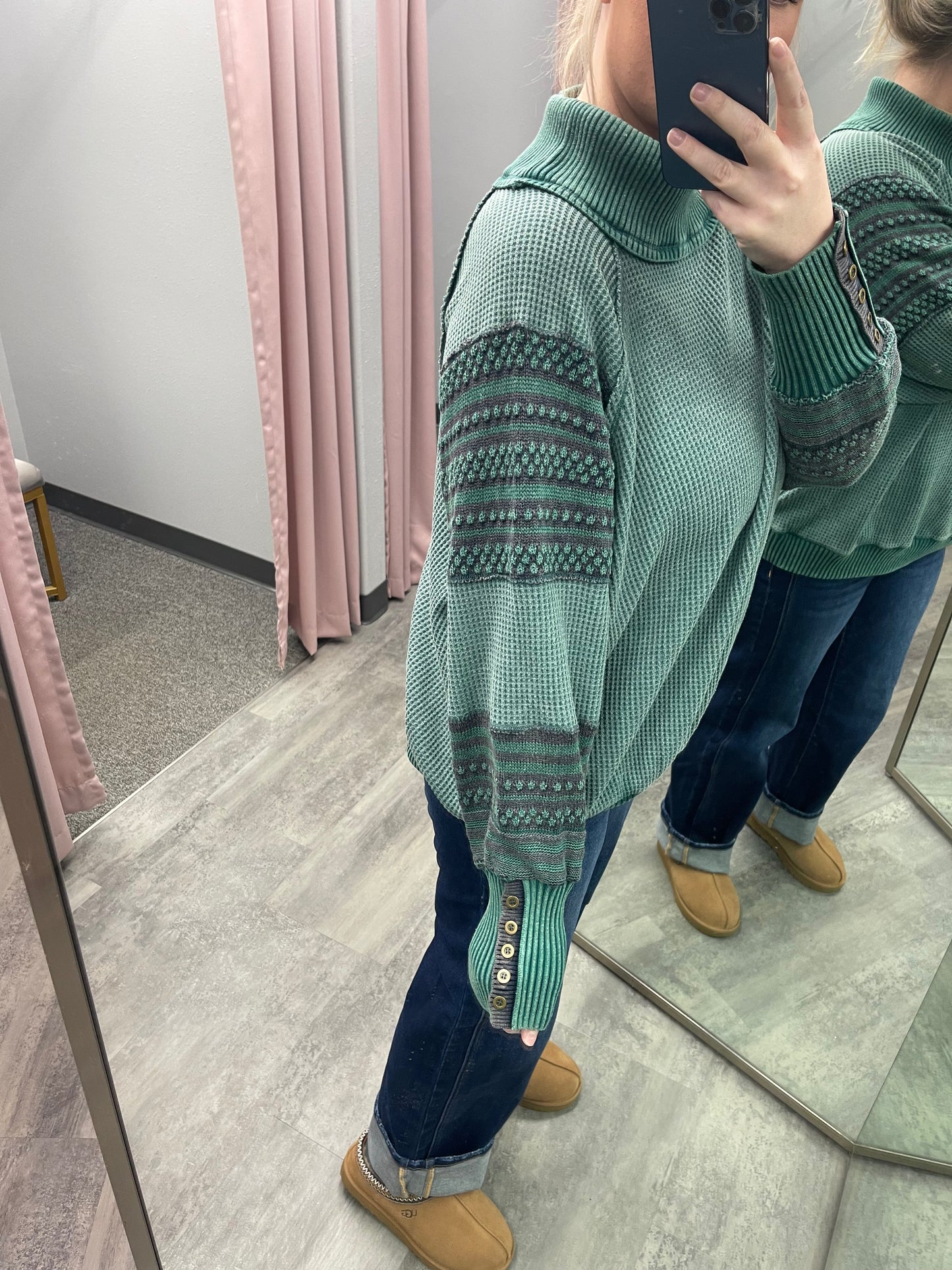 WASHED THERMAL MOCK NECK LONG SLEEVE TOP: GREEN
