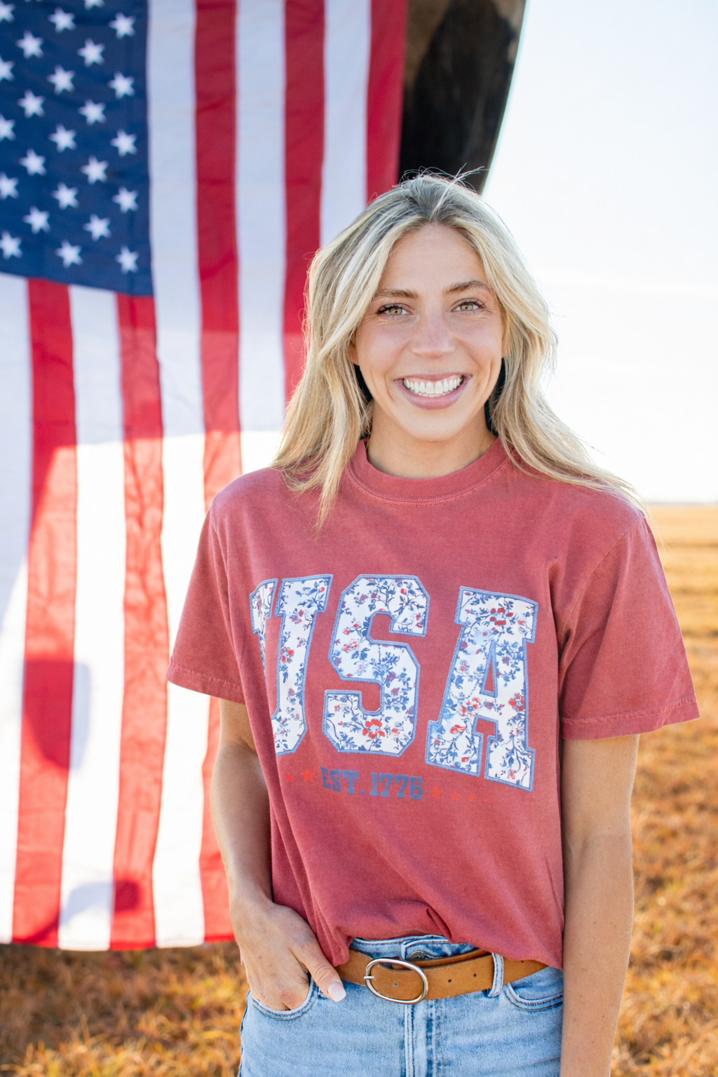 Patriotic Floral 'USA' Washed Red