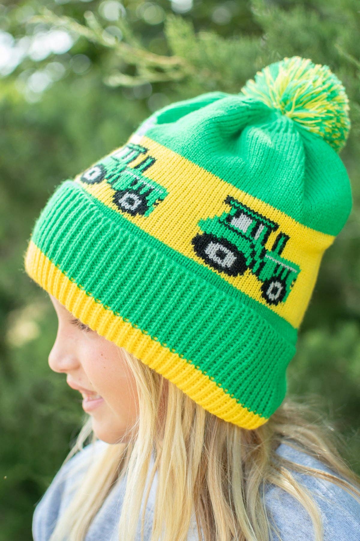 Green Tractor Knit Pom Beanie - Youth