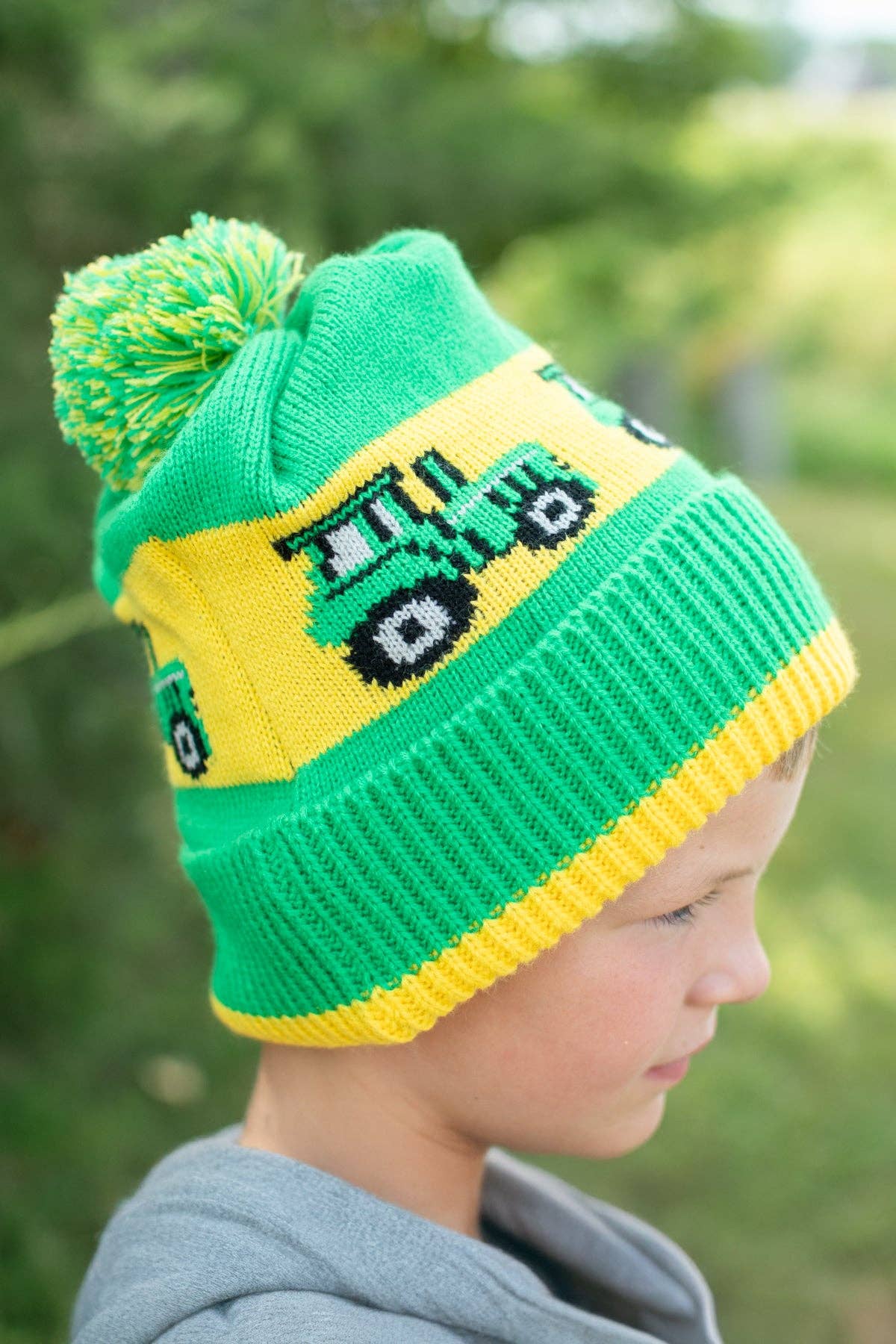 Green Tractor Knit Pom Beanie - Youth